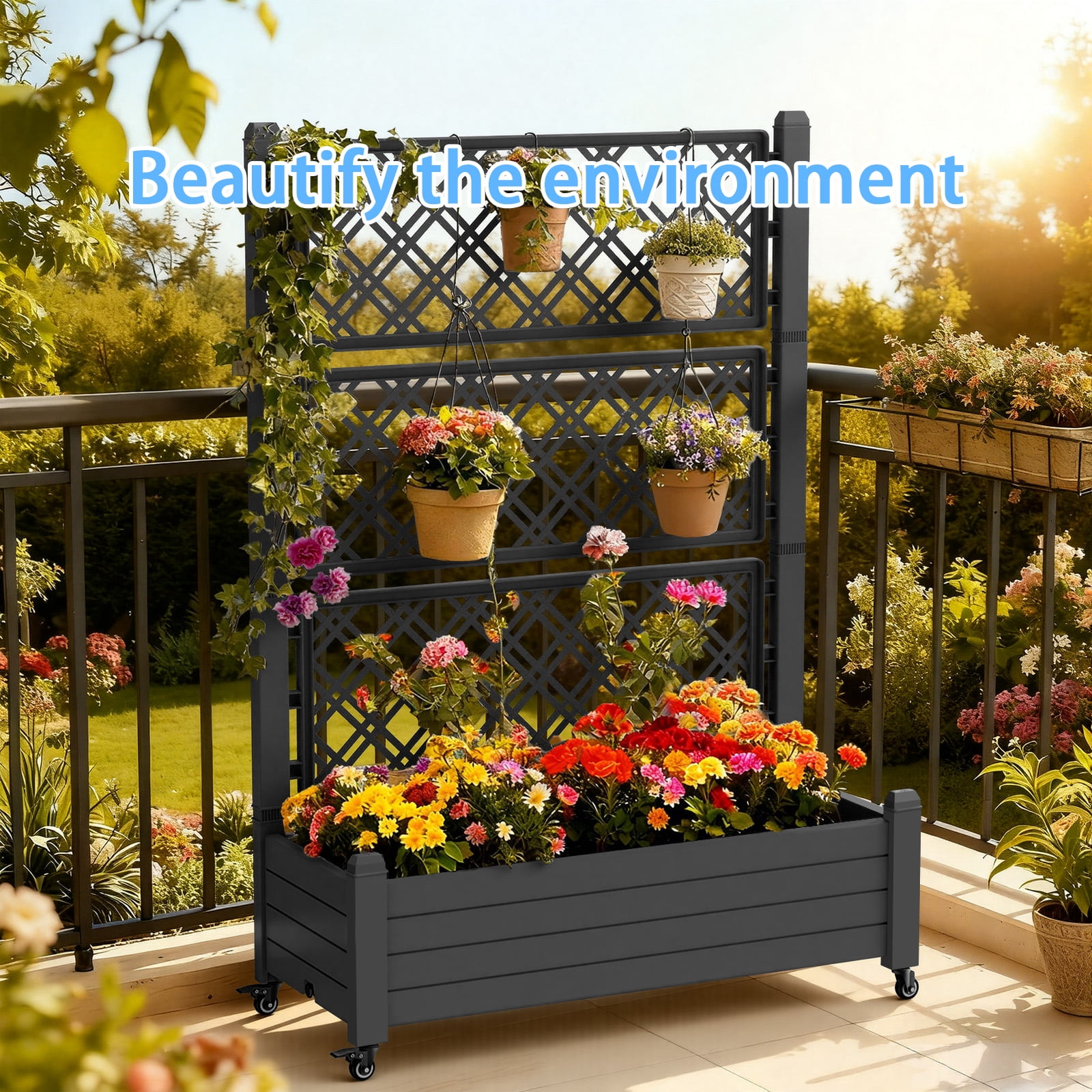 Joxxoaa Raised Garden Bed with Trellis, Large Outdoor Planter Trellis Box with Drainage Holes and Wheels for Climbing Plants.(Black）