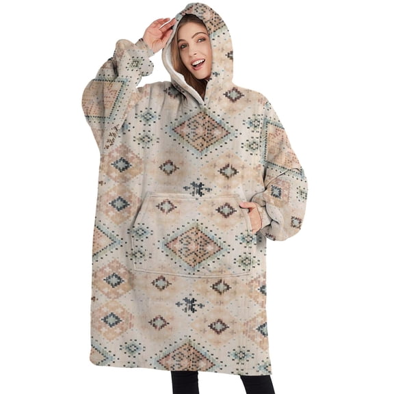 Oversized Wearable Blanket Hoodie,Beige Boho Ethnic Geometric Pattern Sherpa Blanket Hoodie with Super Pockets,Super Warm Fuzzy Pullover for Women & Men