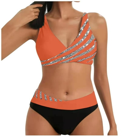 Summer Savings 2024! TMOYZQ Plus Size High Waisted Bikini Sets for Women  Retro Halter Two Piece Cheeky Swimsuit Bathing Suit for Women Tummy Control Beach Swimwear