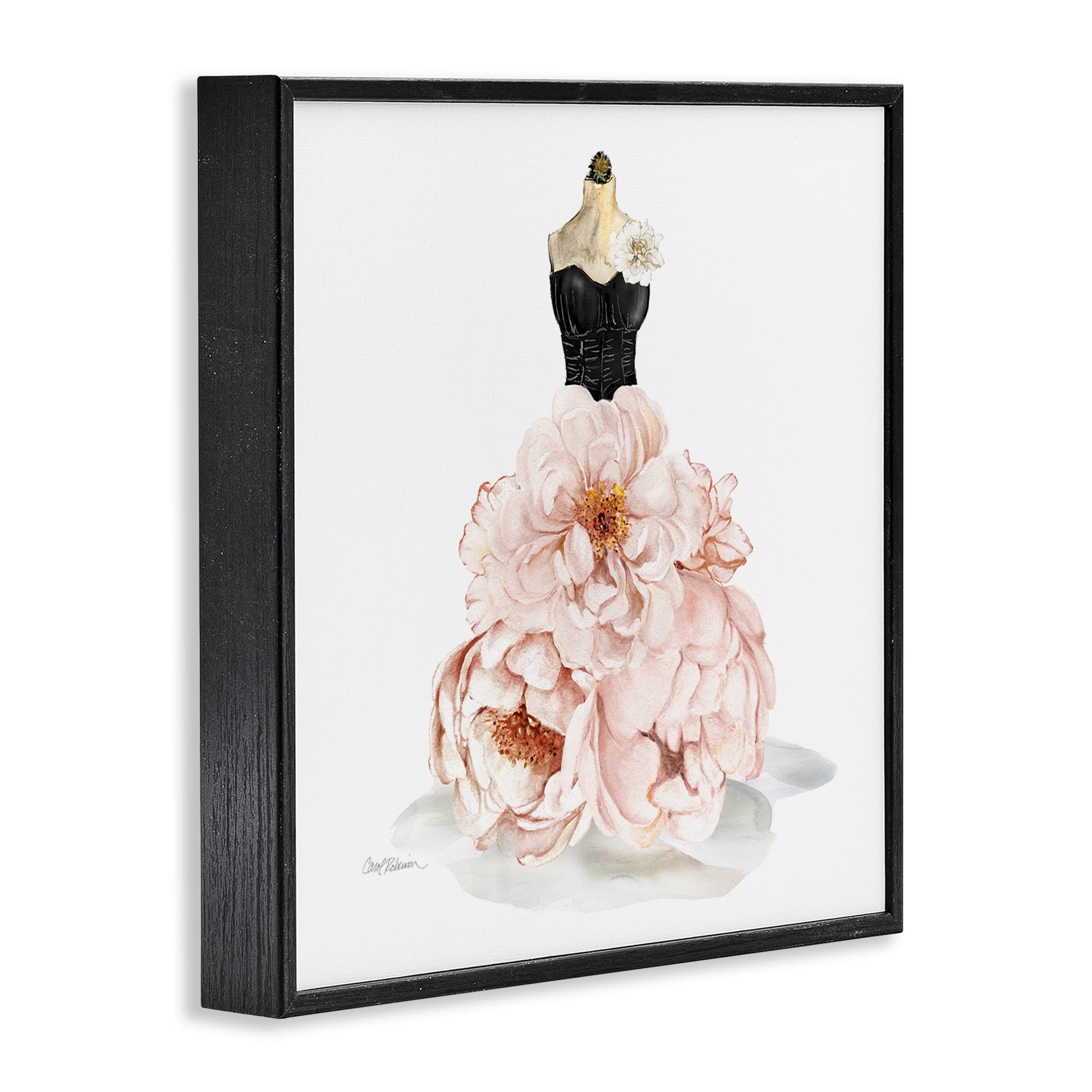 Pink Peonies Floral Dress Black Corset Fashion Mannequin Beauty & Fashion Framed Art Print Wall Art, 17x17