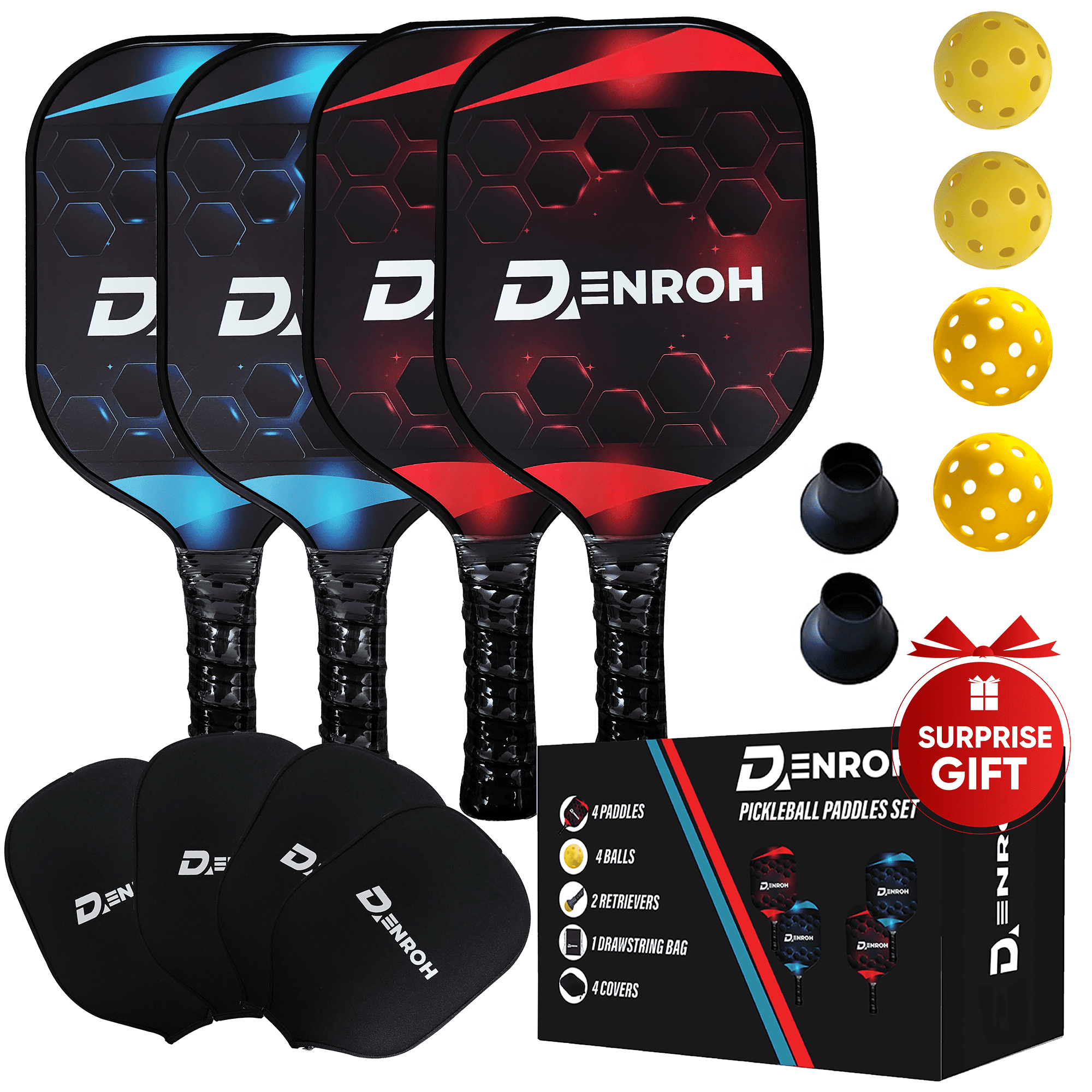 DENROH Pickleball Paddle Set of 4 – Carbon Fiber Pickleball Paddle Set ...