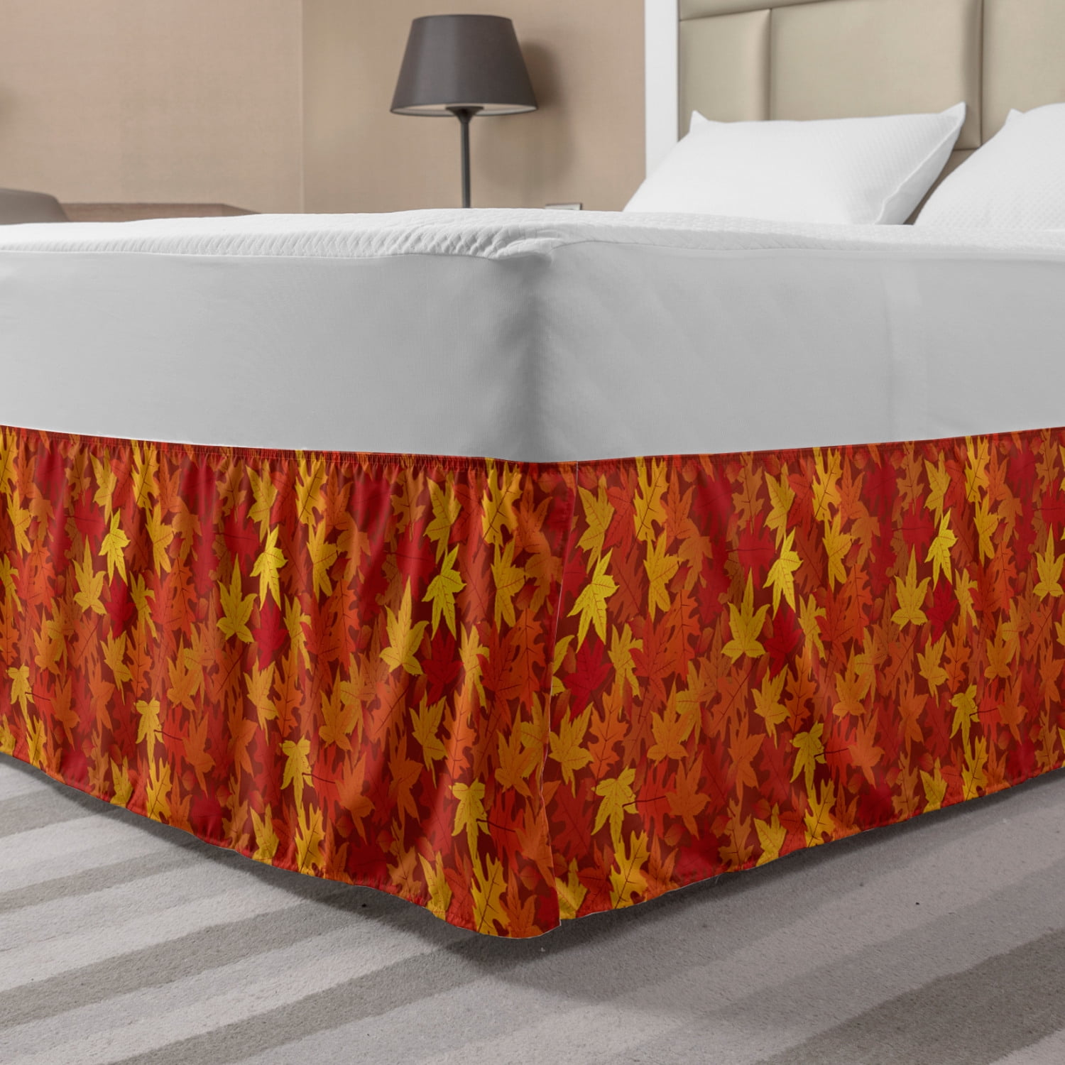 Orange Bed Skirt, Colorful Autumn Fall Season Maple Leaves in Unusual Designs Nature Print