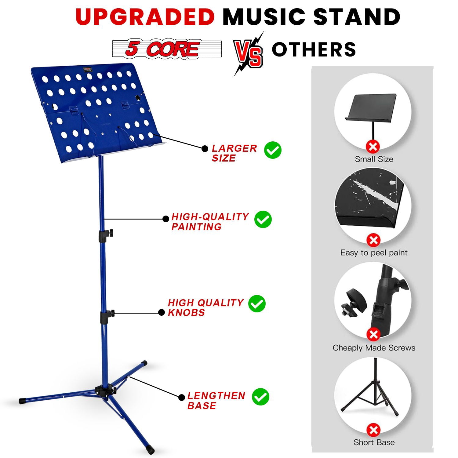 Music Stand For Sheet Music Height Adjustable Portable Folding Atril Para Partituras w Light Clip for Guitar Players Violinists Cellists Pianists - MUS FLD HD ACC BLU