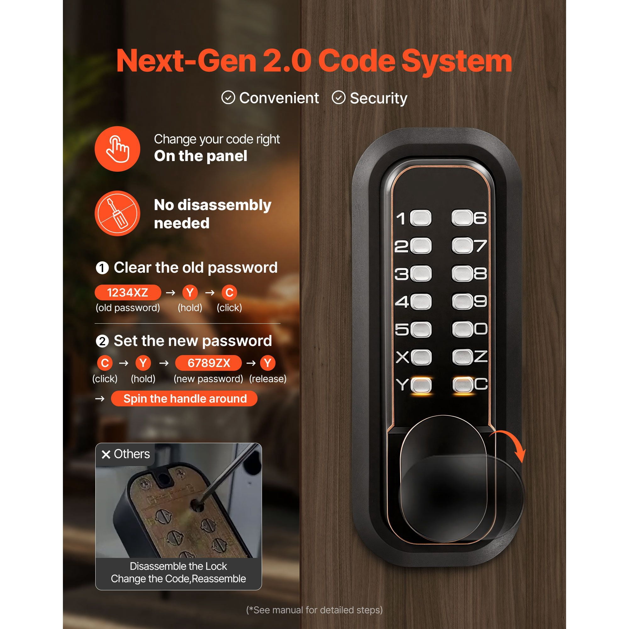 Mechanical Keyless Door Lock Gen2 Double-Sided 4-7 Digit Code No Batteries 1.4-2.5 Inch Door Thickness for Front Gate