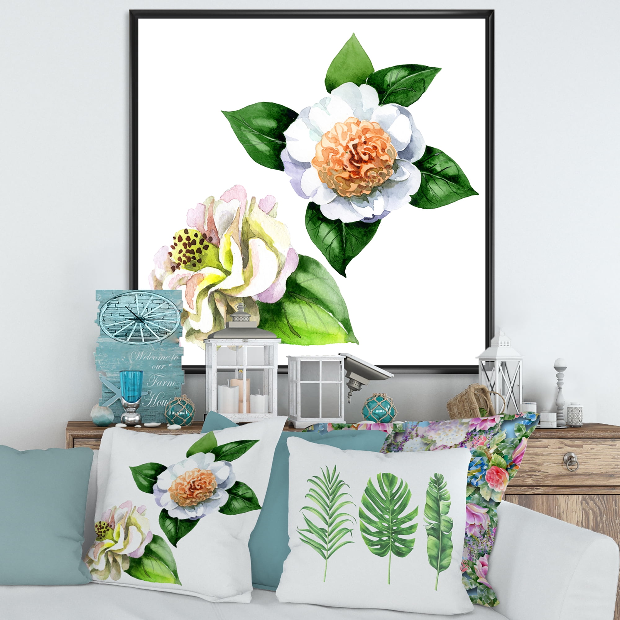 Designart 'Ancient White Camellia Flowers With Green Leaves' Traditional Framed Canvas Wall Art Print