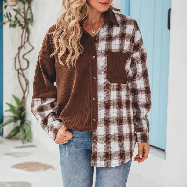Puntoco Camisa a cuadros de un solo pecho para mujer Camisa de manga larga para mujer Abrigo de lana Chaqueta de gran tamaño Liquidación Puntoco Puntoco-2333