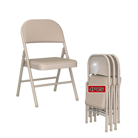 4 Pack Beige Leather Padded Folding Chairs - Steel Frame, No Assembly, Portable Stackable for Indoor Outdoor