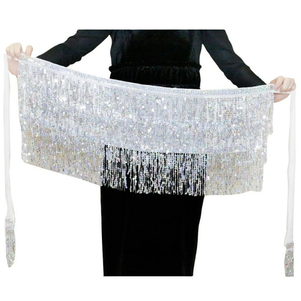 Sonducket a la cadera de moda, bufanda Retro con borlas, hermosa envoltura multicolor, ropa de baile, diamantes de imitación brillantes, disfraz Prendas para la parte inferior del cuerpo Blanco