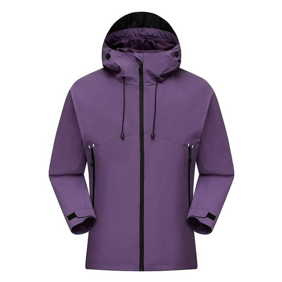 PiGOGI Men's Stormcoat Windproof Hooded Jacket Mountaineering Solid Color Waterproof Long Sleeve Outdoor Jacket Purple XL
