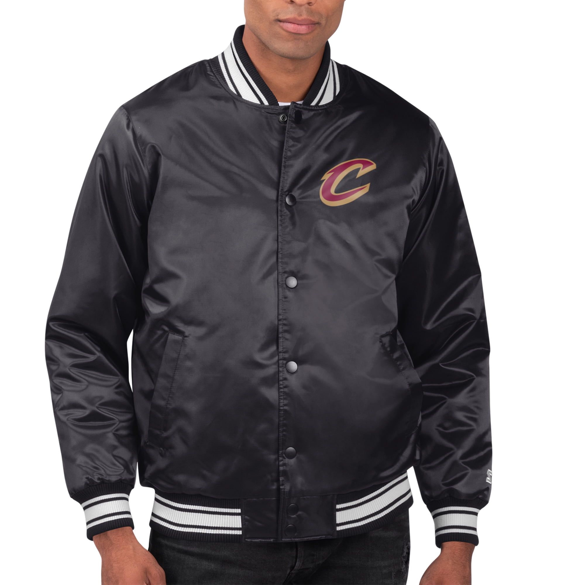 Men's Starter Black Cleveland Cavaliers Printed Team Name Satin Varsity Full-Snap Jacket
