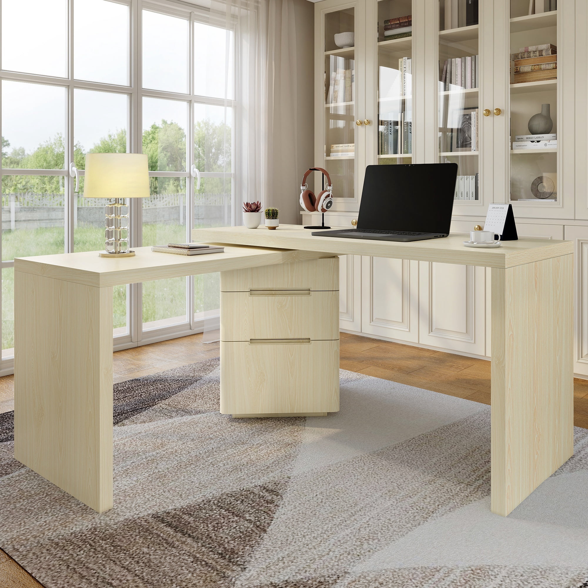 90" L Shaped Desk with 3 Drawers, 360° Rotating Corner Desk, Modern Executive Office Desk in Natural Wood, for Home Office Living Room Study Workstation