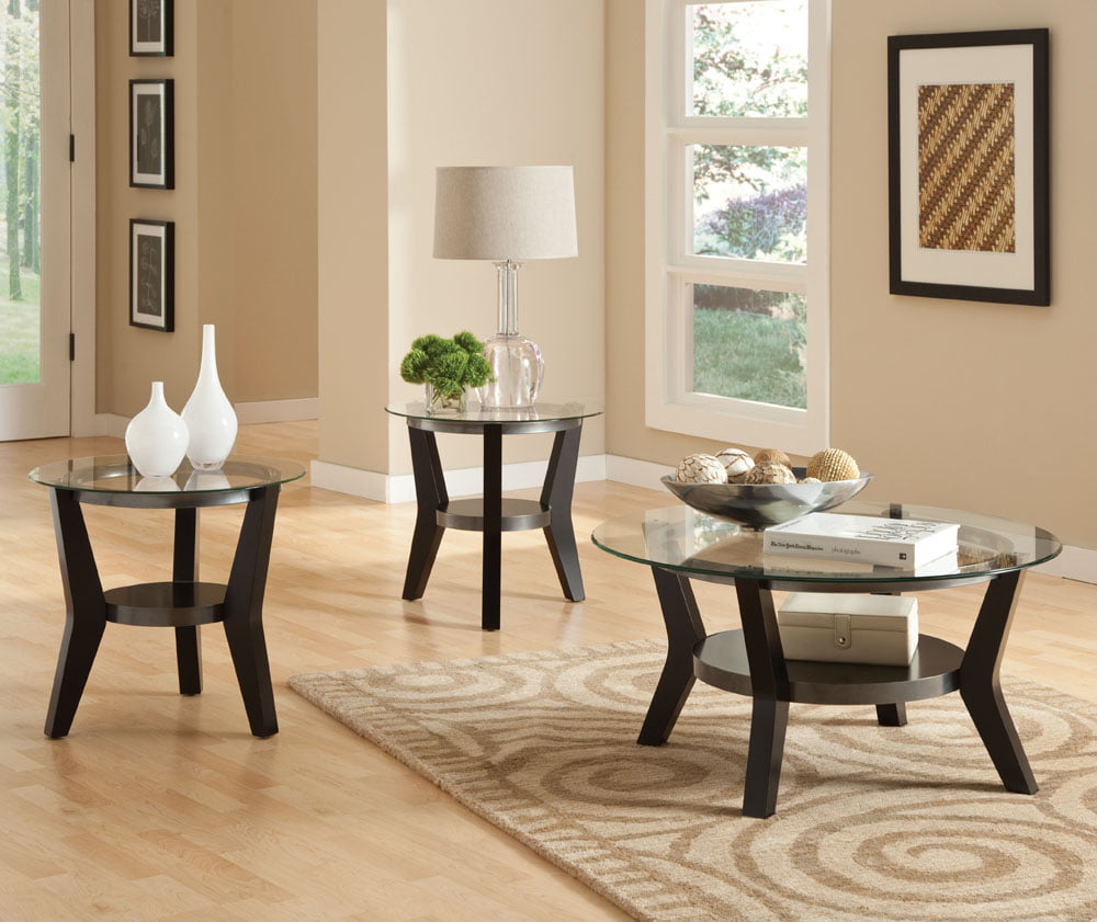 Standard Furniture Orbit 3 Piece Round, Modern Round Coffee Table Set With Stone 2 Piece Black White