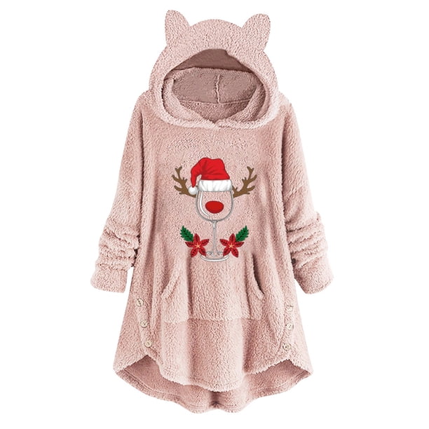Abrigos de Invierno Para Mujer Abrigo de Piel Sintética Casual Estampado Navideño Botones de Felpa Manga Larga Abrigo de Felpa Con Capucha Top Odeerbi ODB173722