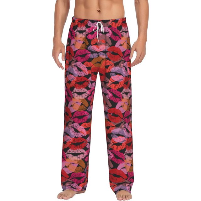 Kdxio Red Lips Kissing Pattern Men's Pajama Pants, Elastic Waist with Drawstring and Pockets, Comfortable Loungewear-Medium