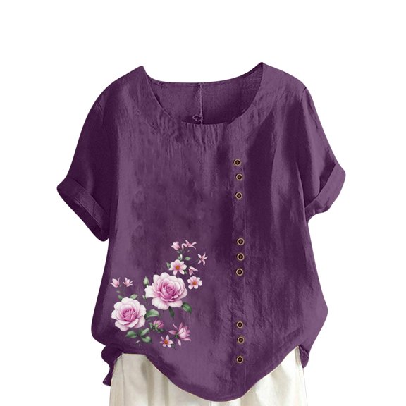 QQAMB T-Shirt for Women Plus Size Summer Cotton Linen Floral Prined Short Sleeve Blouse Casual Loose Shirts Purple XL