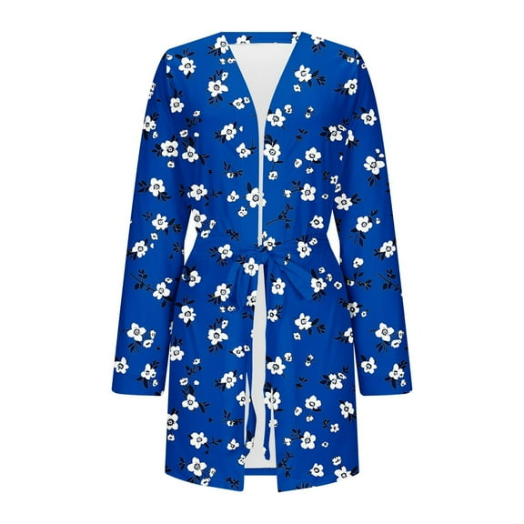 AINIYS Women Robes Short Lightweight Robe Soft Long Sleeve V Neck Sleepwear Casual Belt Bathrobe Printed Loungewear Blue Pajamas for Women _a L