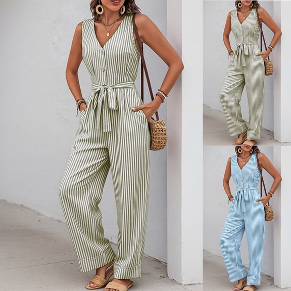 Women's Striped Print V‑Neck Sleeveless Jumpsuit Button Front Tie Waist Wide‑Leg Long Pants with Pockets Army Green XL(XL)