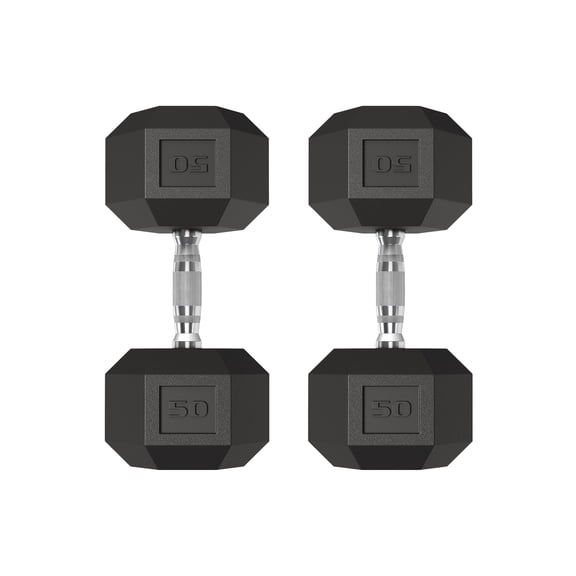 Superior 50LB Hex Dumbbell Set of 2 – Rubber Encased Cast Iron Weights – Textured Carbon Steel Anti-Roll Handles – Non-Slip Grip – Drop-Resistant – Home Strength Training & Fitness – Black