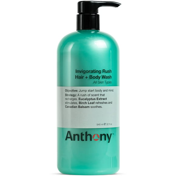 Anthony Mens Body Wash and Shampoo: Invigorating Rush 2-In-1 Liquid Gel Soap & Hair Shampoo, Pine Wood Scent, Hydrating with Eucalyptus, Canadian Balsam, Birch Leaf, Cha