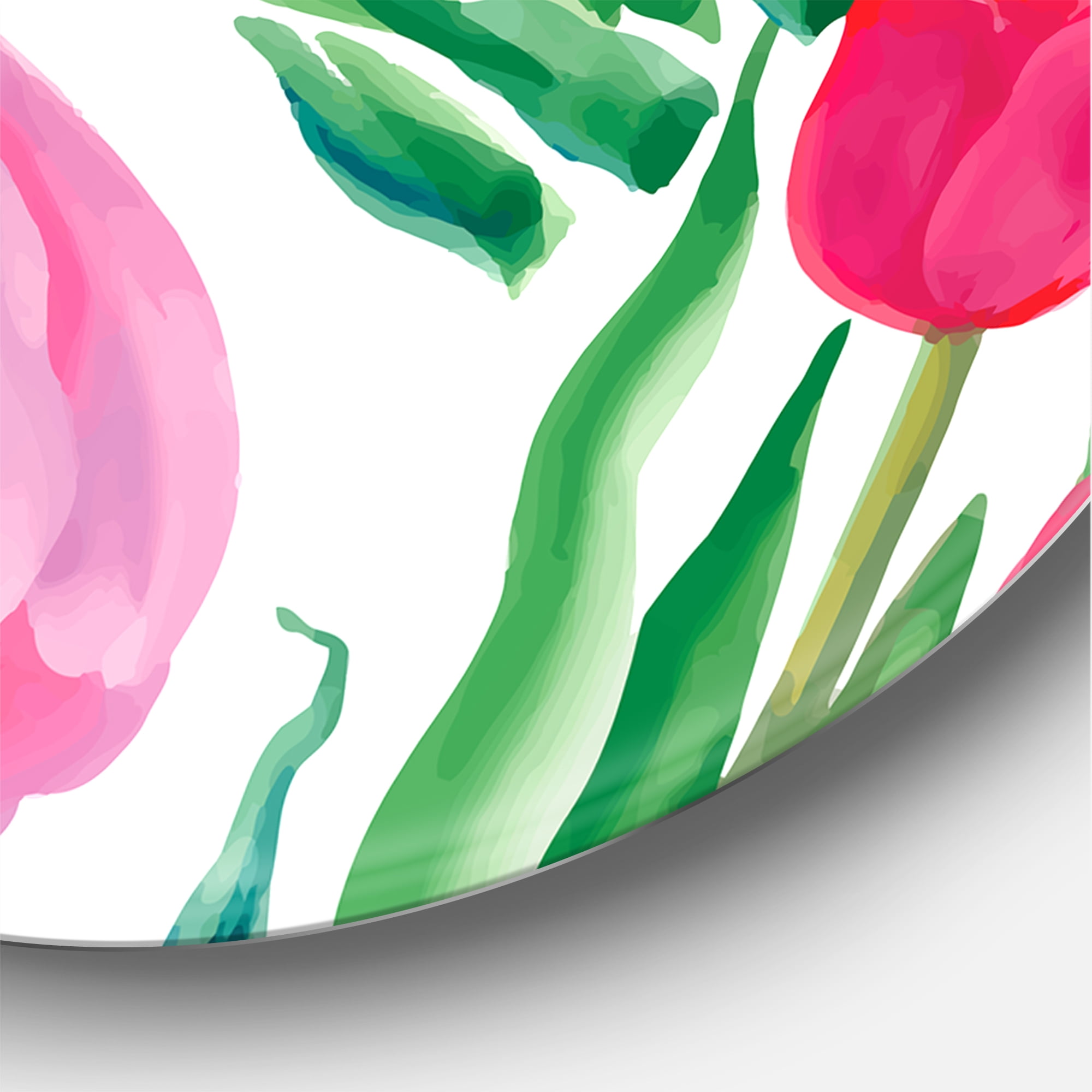Designart 'Blooming Beautiful Pink Tulips Flowers On White' Traditional Circle Metal Wall Art 36x36 - Disc of 36