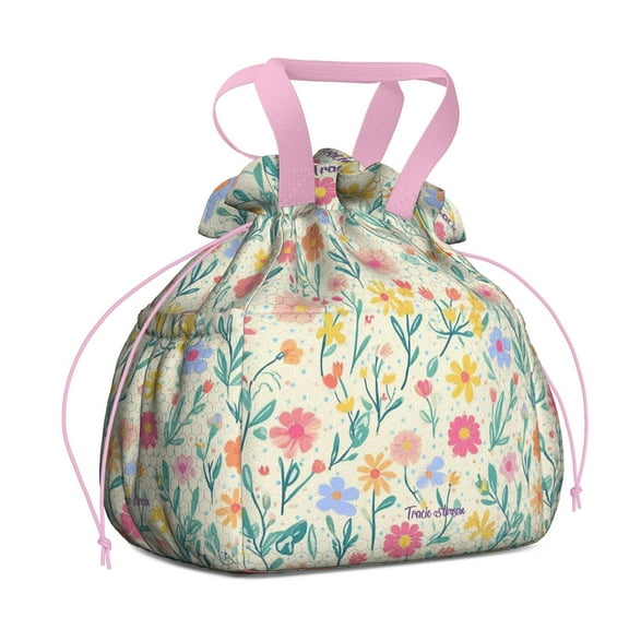 Pioneer Flower Drawstring Lunch Bag Women - Drawstring Lunch Bag Insulated for Work Office - Stain-Resistant Large Lunchbags for Women with Multi-Pockets