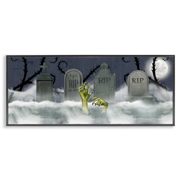 Stupell Industries Eclectic Zombie Emerging Graveyard Foggy Full Moon Night Black Framed Giclee Art, 24 x 10, by Grace Popp