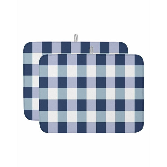 Navy Blue White Plaid Dish Drying Mat, Checkerd Pattern Absorbent Dish Drying Matt Pad for Kitchen Countertops,Sinks,Dish Drainer Racks, Large 18x24inx2 Pcs,