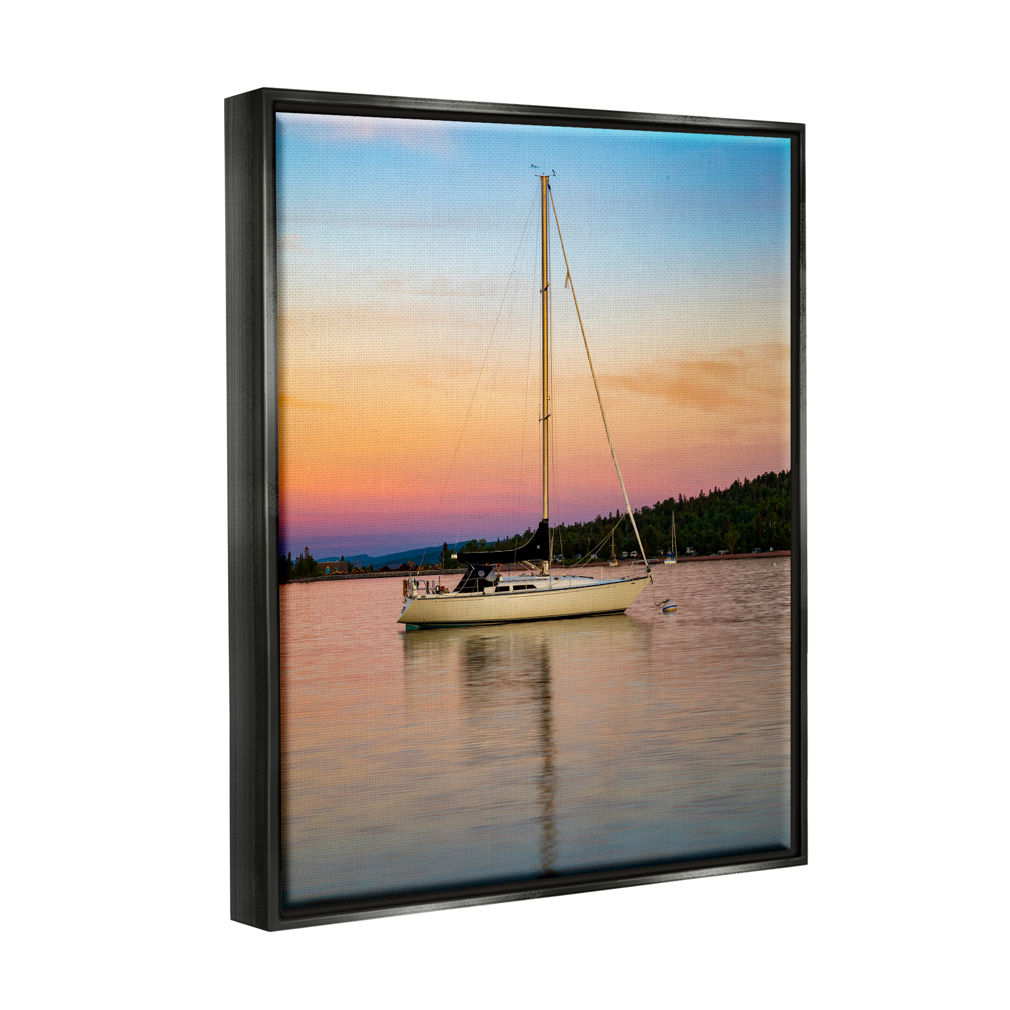 Stupell Industries Sunset Boat Photography Transportation Photography Black Floater Framed Canvas Art Print Wall Art, 17 x 21