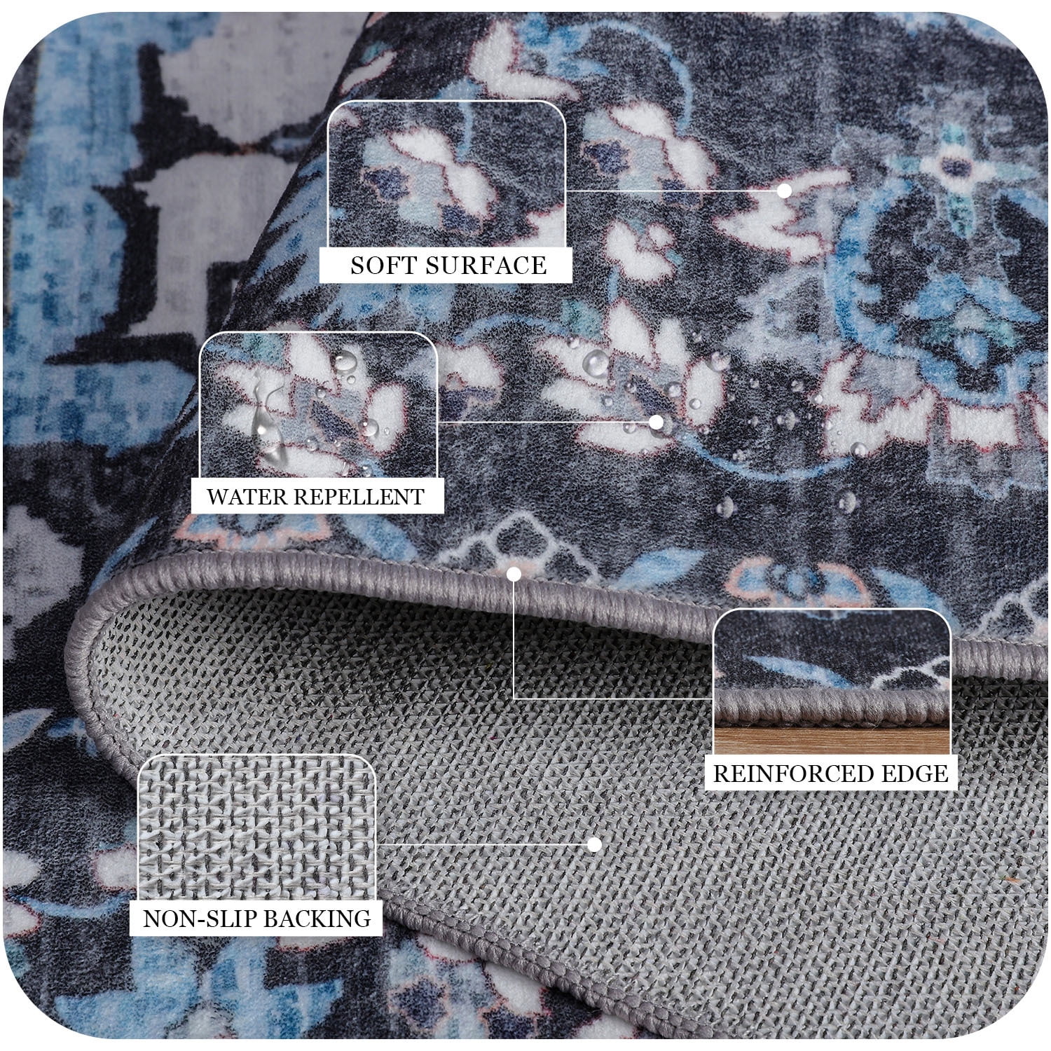 Wondo Washable Rugs Vintage Area Rug Rug for Living Room, Bedroom, Kids Room, 9' x 12', Black