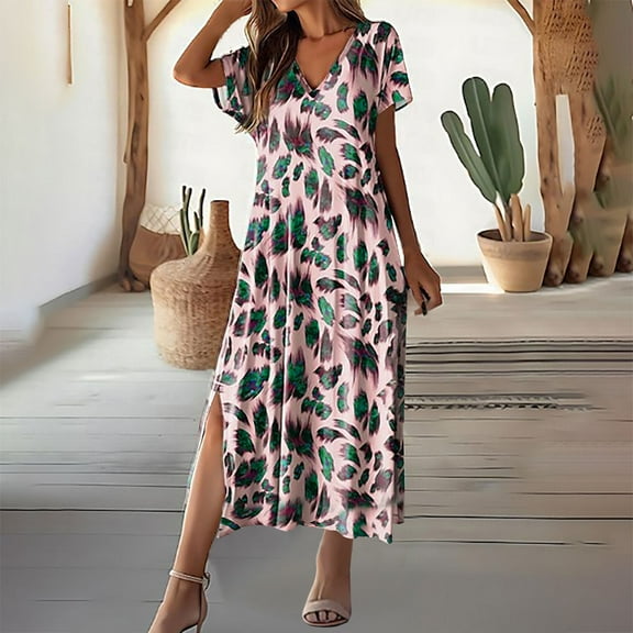 Ayolanni Womens Summer Dresses Below The Knee Boho V-Neck Pink Short Sleeve Vacation Dresses Girls Dresses L