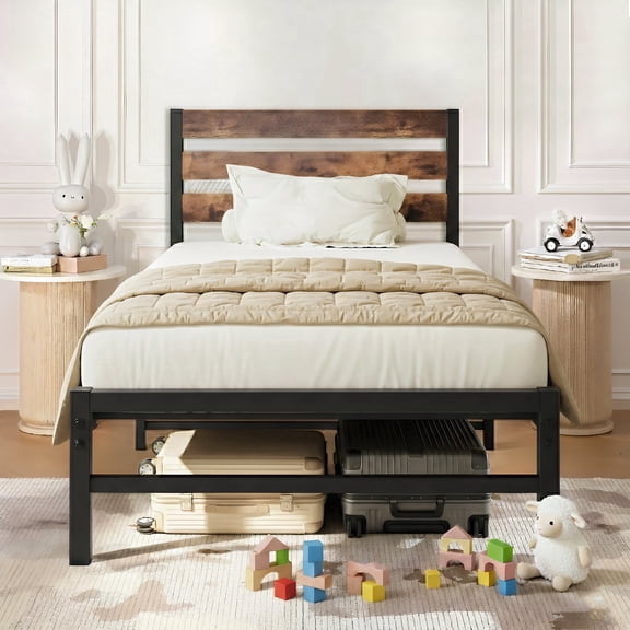 Twin Bed Frame, PAPROOS Metal Twin Platform Bed with Headboard, Heavy Duty Metal Twin Bed with Embedded Design, Twin Size Metal Bed Frame with Underbed Storage, No Box Spring Needed, Rustic Brown