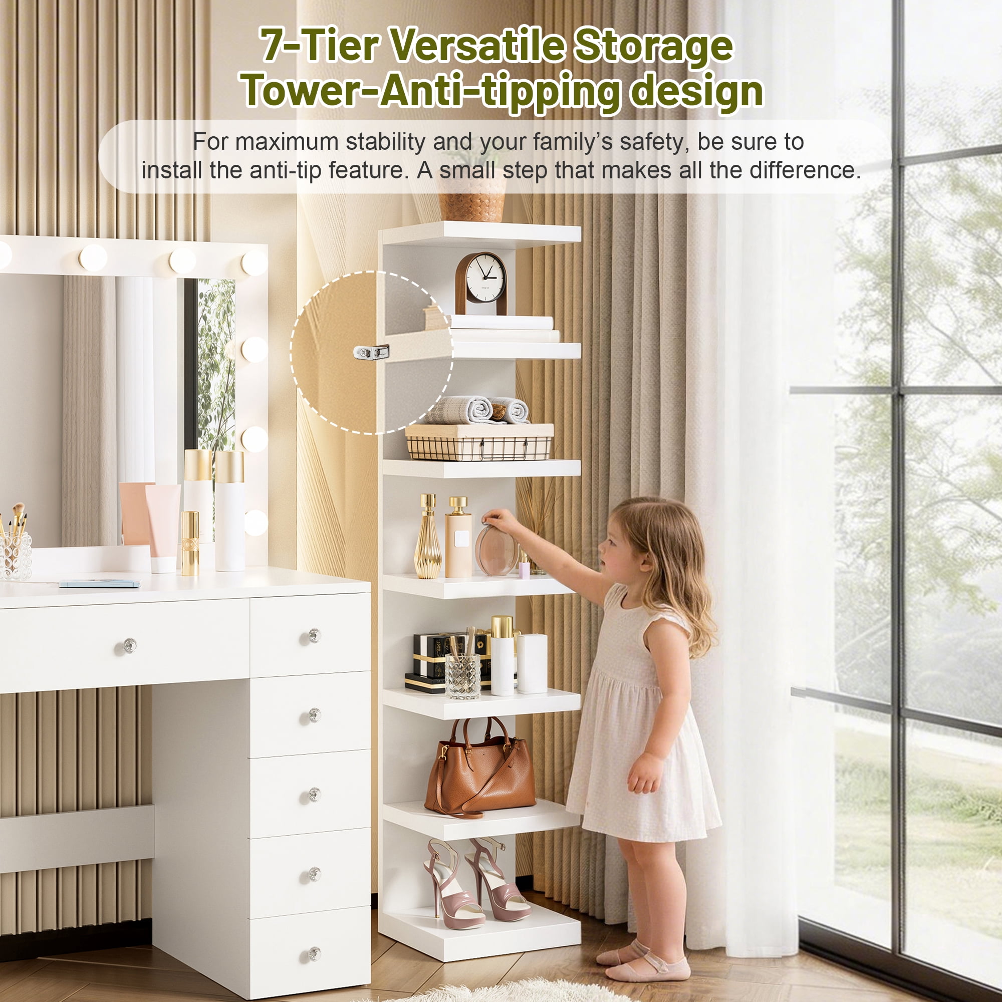 Mintazer 43.3" Vanity Desk with Hollywood Mirror & 7-Tier Shelf, Makeup Vanity Table with 11 Drawers & Charging Station, White