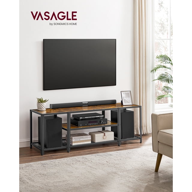 VASAGLE - Soporte de TV moderno para televisores de hasta 65”, centro de entretenimiento de 3 niveles, consola de TV industrial con estantes abiertos, para el hogar, marrón rústico y negro,