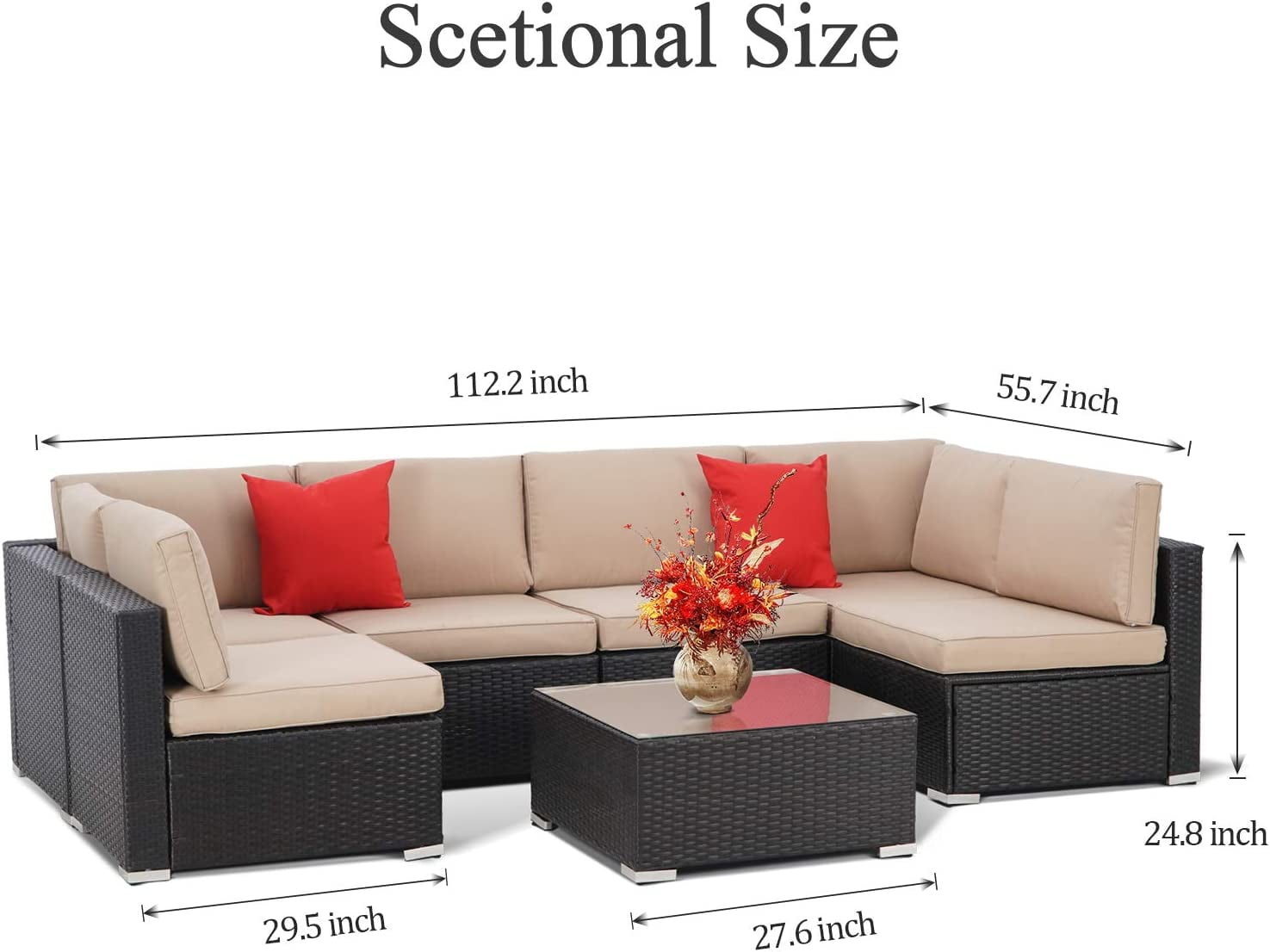 SUNCROWN Outdoor Patio Furniture 7-Piece Sofa Set Black Brown Wicker, Washable Seat Cushions with YKK Zippers and Modern Glass Coffee Table (Brown Cushion)
