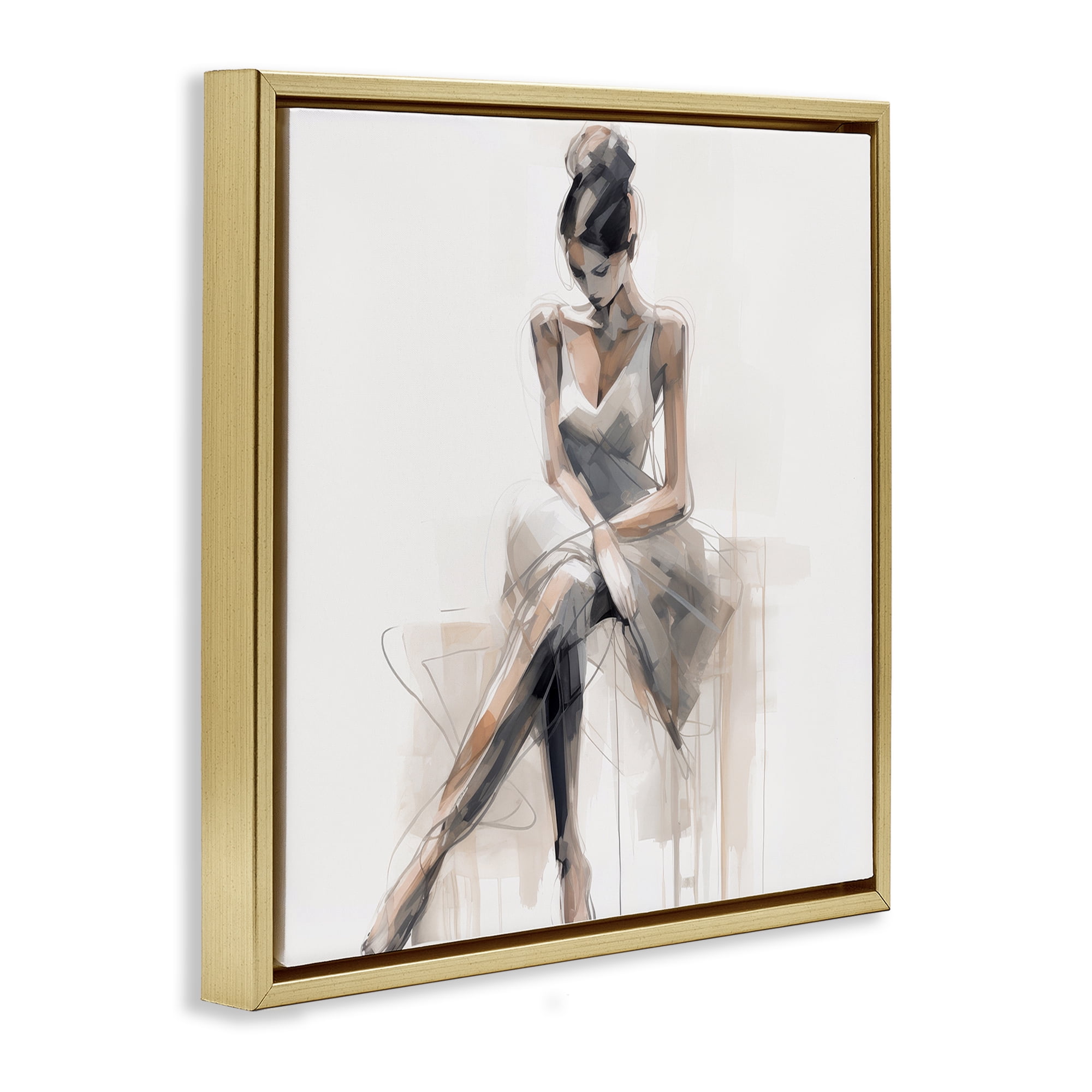 Stupell Industries Female Sitting Portrait People Painting Gold Floater Framed Canvas Art Print Wall Art, 25 x 25