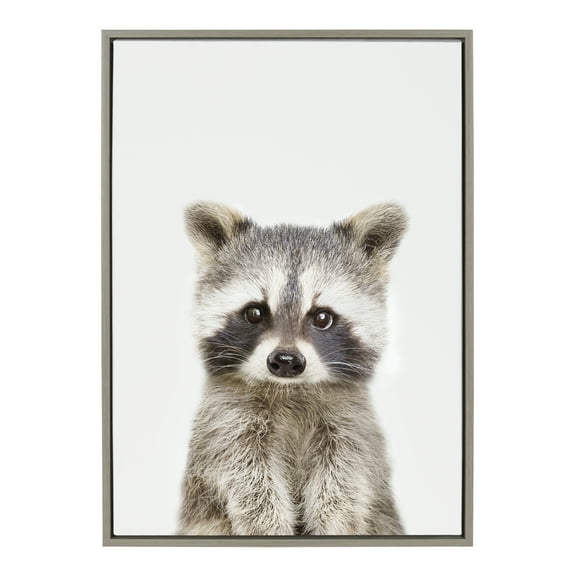 Kate and Laurel Sylvie Baby Raccoon Animal Print Portrait Framed Canvas Wall Art by Amy Peterson, 23x33 Gray