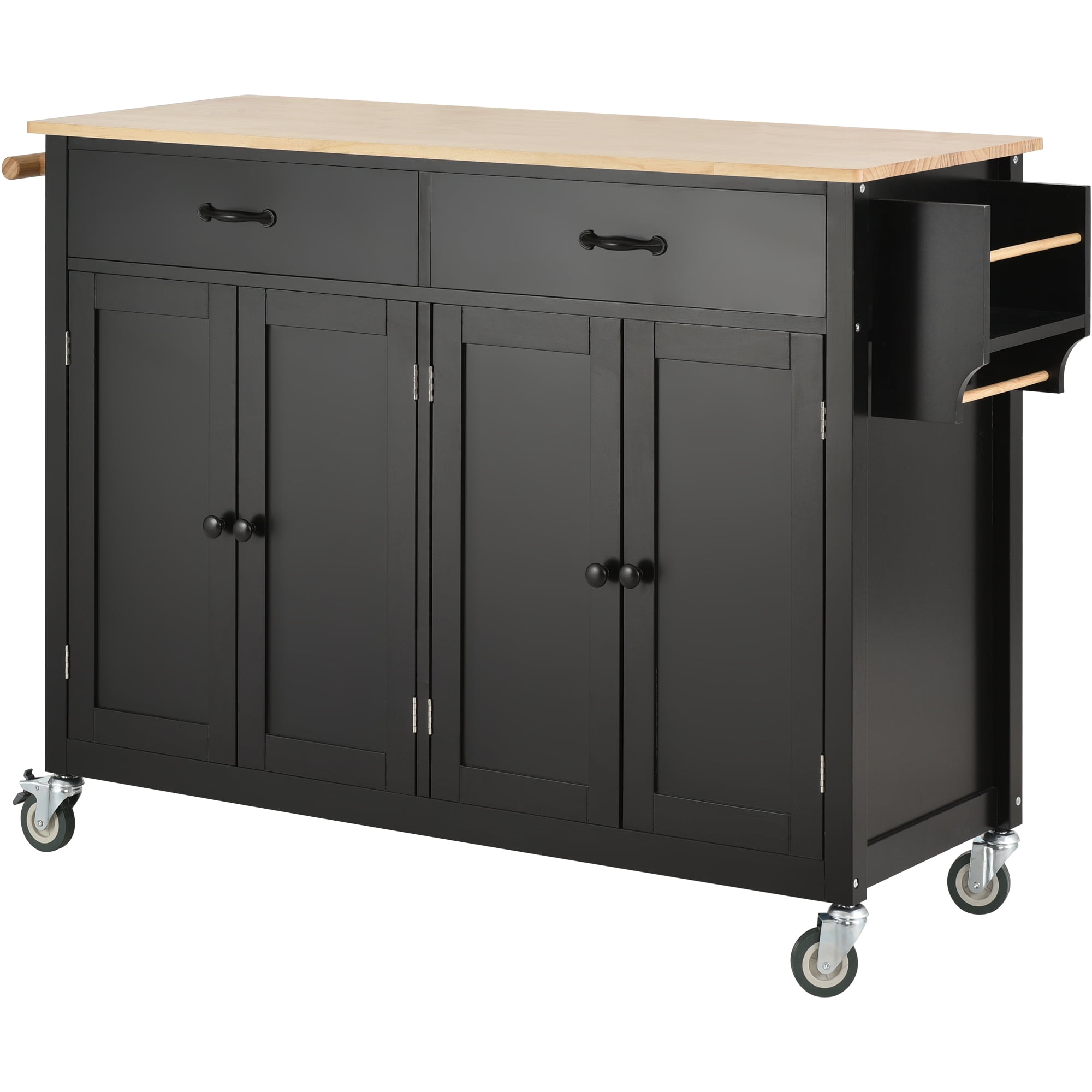 Homy Casa Rolling Kitchen Island Cart with Solid Wood Top, 4-Door Storage, 2 Drawers & Side Rack, Black, for Kitchen, Dining Room, Coffee Bar