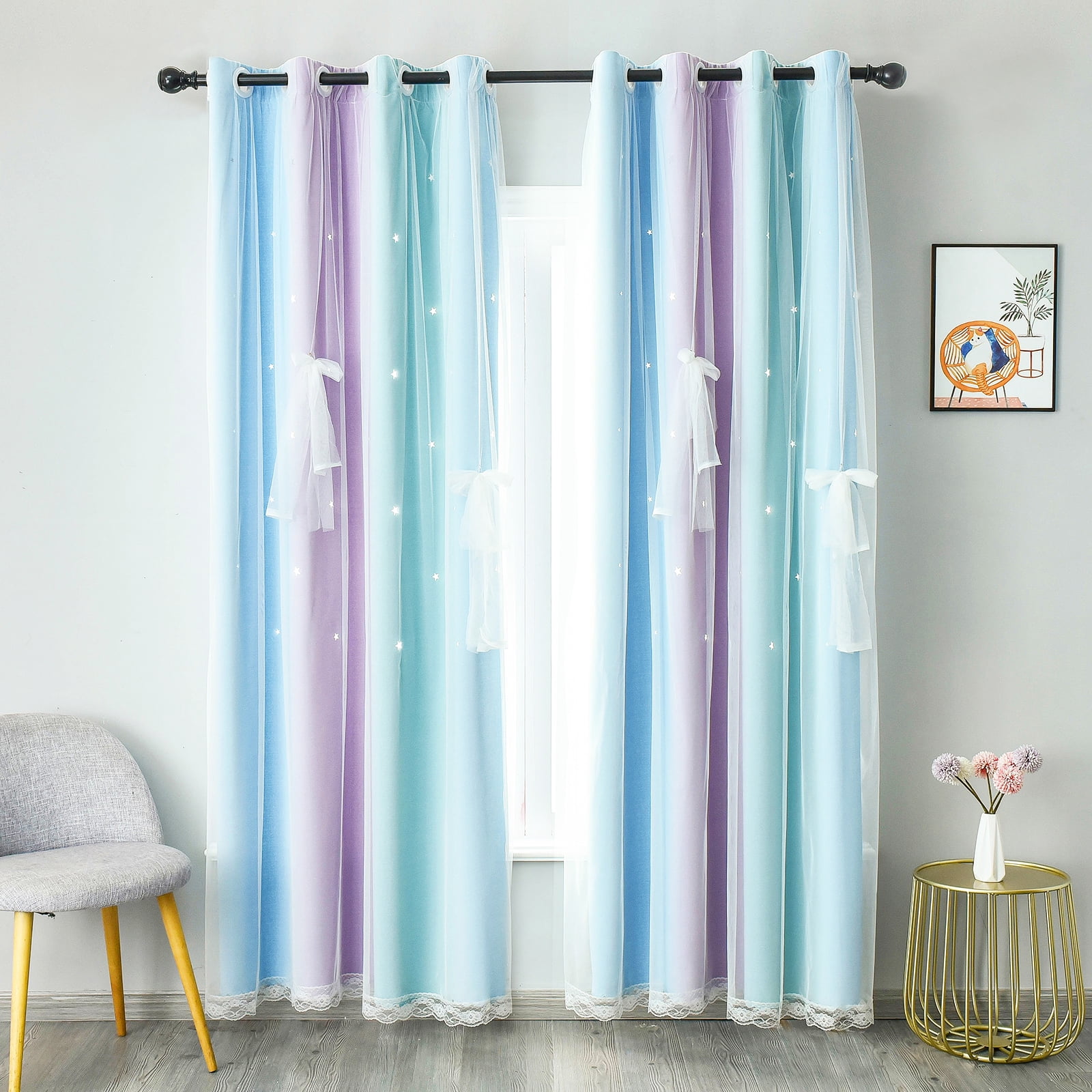 Psoiuetr Blackout Gradient Ombre Curtains for Kids Girls Bedroom Living Room Decor Rainbow Double Layers Star Cut Out Stripe Blue Purple Grommet Window Curtains,52"x84",1 Panel