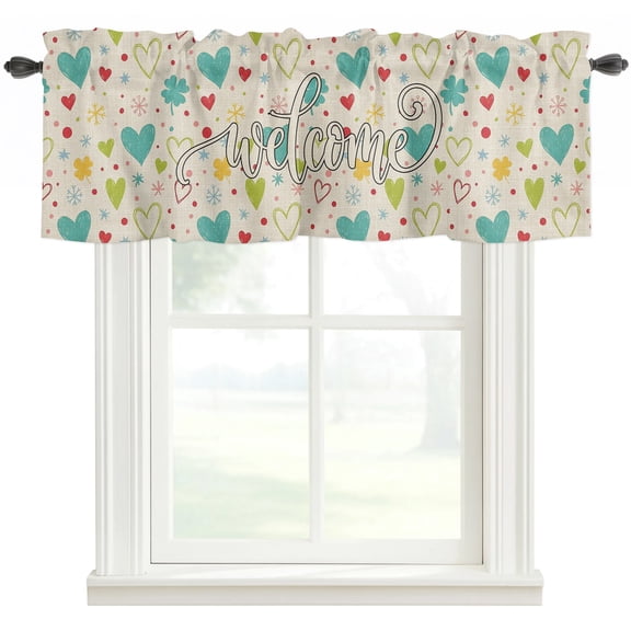 Turquoise Heart Rod Pocket Curtain Valance, Rustic Three-Leaves Dots Burlap Farmhouse Window Valance for Living Room, Bedroom, Kitchen 42"W x 12"L