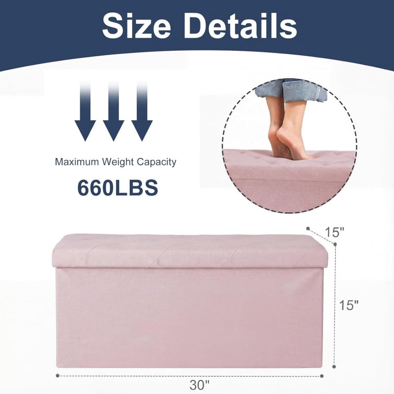 Kelno 30" Foldable Storage Ottoman Bench Linen Footrest Stool with Foam Padded Seat, Pink
