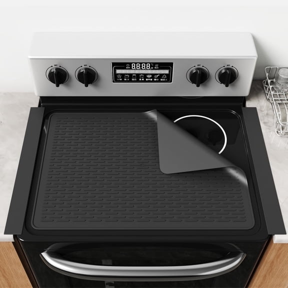 PLERISE 30x21 Inch Silicone Stove Top Cover, Glass Cooktop Protector and Dish Drying Mat for Kitchen, Black