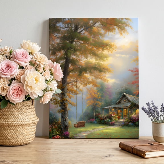 Canvas Wall Art Forest Cabin Canvas Art Print Fall Fallen Leaves Tree Swing Country Pictures Wall Decor for Living Room Bedroom Artwork Decorations Stretched Framed Ready to Hang 8"x12"