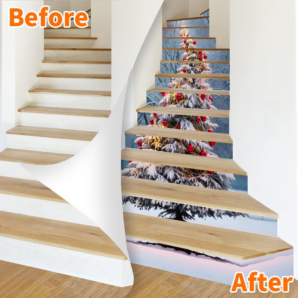 Self-Adhesive Stair Decals, Christmas Decoration Stair Stickers Decals Peel and Stick Vinyl Stair Risers Stickers for Steps, Xmas Tree DIY Home Decorations, 39.4'' W X 7.1'' H