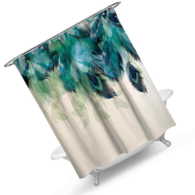 Rideau de Douche Imperméable avec Impression Attrape-Rêves en Tissu polyester Résistant à la Moisissure au design Bohème Présentant des Motifs de Plumes Bleues et Vertes Vibrants. le Rideau Mesure 180 x 180 cm et Comprend un Ourlet Lesté pour la Stabilité et des Oeillets Résistants à la Rouille pour la Durabilité. Convient à Créer une Atmosphère de Douche Paisible, Il Est Imperméable, Lavable à la machine et Livré avec un Ensemble de Crochets pour une installation Facile.