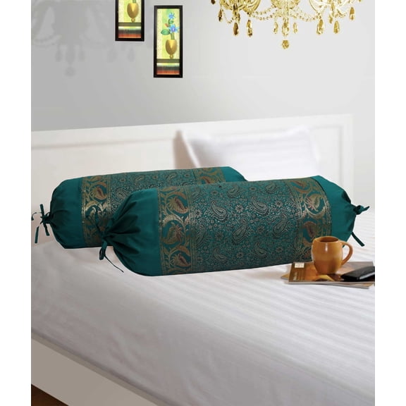 Stylo Culture Traditional Polydupion Cylindrical Hotdog Pillow Bolster Pillow Covers Emerald Green Paisley Jacquard Brocade Border Large Settee Cushion Covers (Set of 2) | 30x15 Inches (76x38 cm)