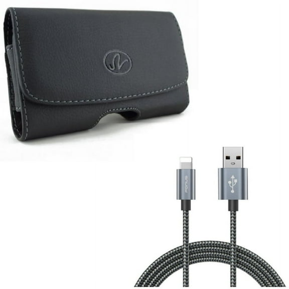 Case Belt Clip w 10ft USB Cable for iPhone XS/X - Leather Holster Cover Loops Pouch, Charger Cord Power Wire Braided Long for iPhone XS/X
