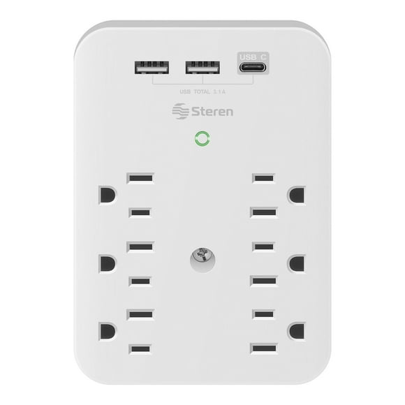 Clavija adaptadora de 6 contactos polarizados y triple cargador USB Steren 905-170