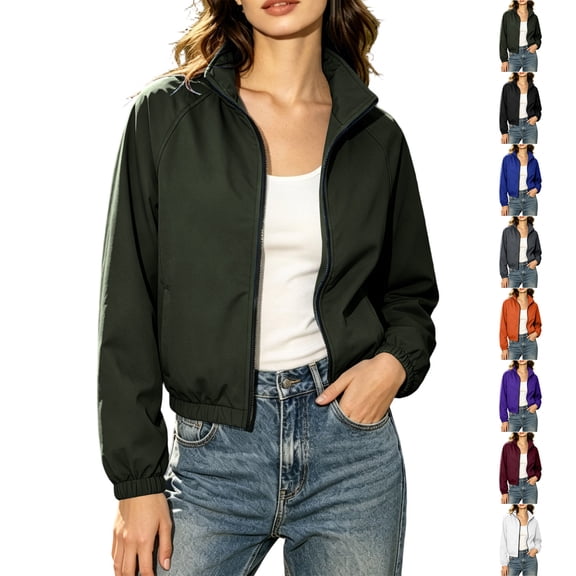 TGSLY Cropped Wind Jacket for Women Lightweight Stand Collar Full Zip Long Sleeve Rain Coat Loose Casual Solid Color Hiking Waterproof Windproof Outerwear with Pockets XXL