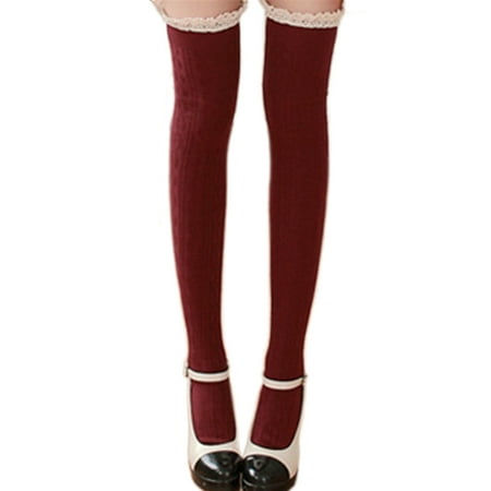 

Bebiullo Women Lace Thigh High Socks Extra Long Cotton Knit Warm Thick Tall Long Boot Stockings Leg Warmers Wine red