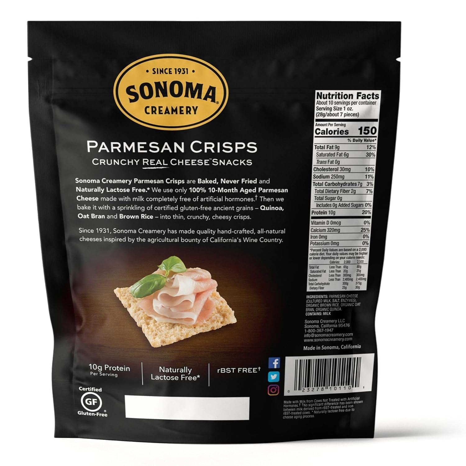 Sonoma Creamery Cheese Crisps, Parmesan, | Savory Snack Cracker | High Protein | Low Carb | Gluten Free | Wheat Free, 10 oz (Pack of 3)